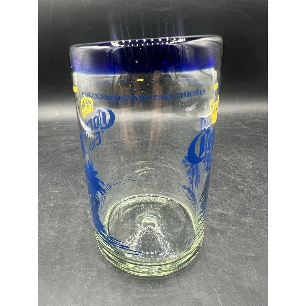 Corona Extra Beach Tiki Beer Glass Cobalt Blue Rim 5 3/8” Palm Trees Pint